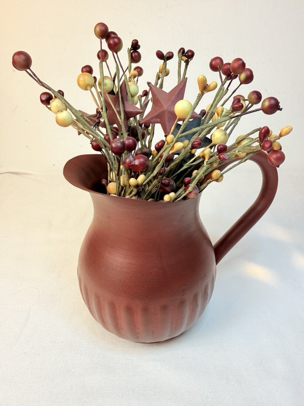 Primitive Burgundy Metal Pitcher W/ Berry & Star Arrangement Country Decor